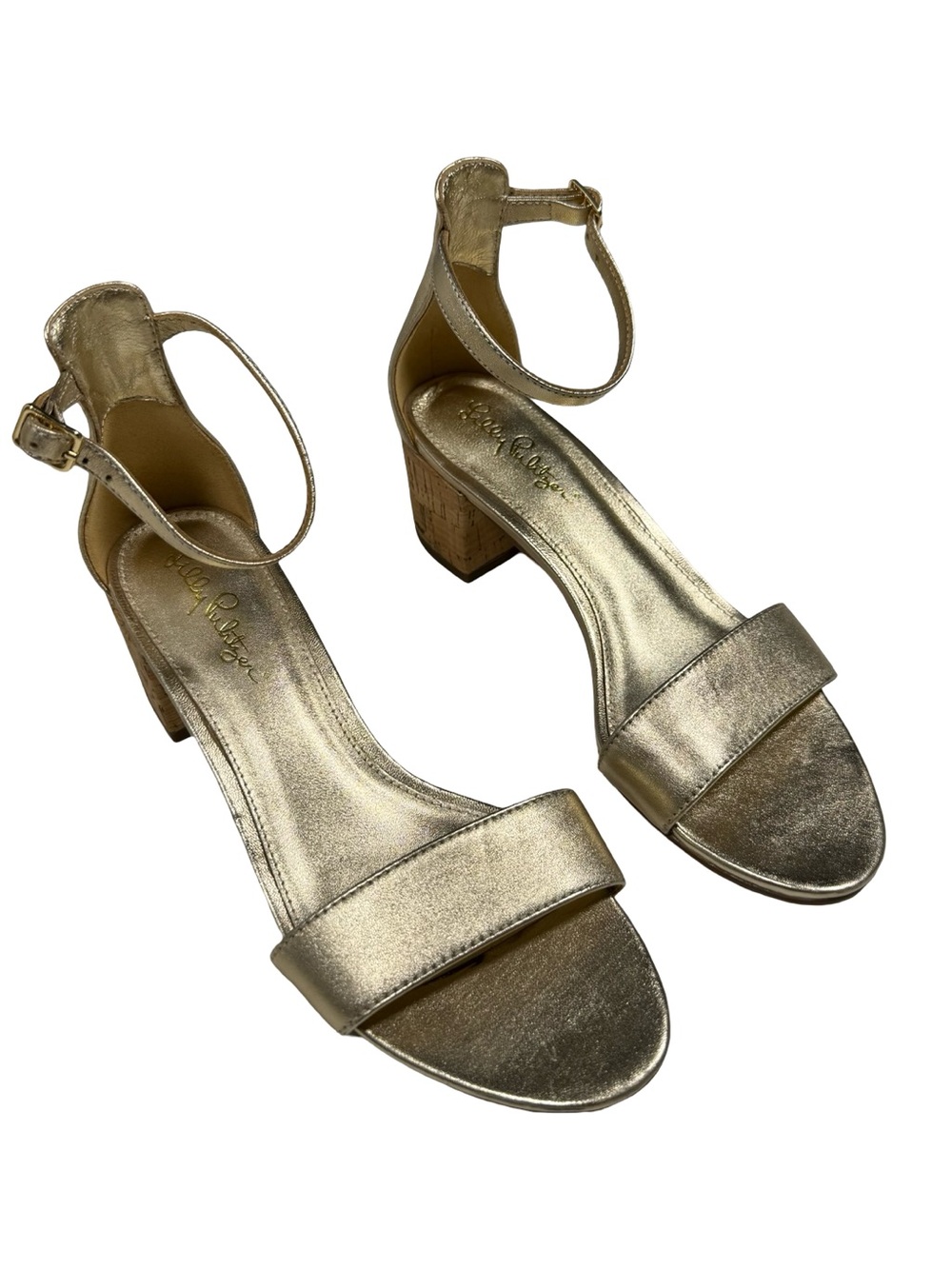 Lilly Pulitzer Tilly Sandals Sz 6M Gold Metallic Leather Cork Block Heel Ankle